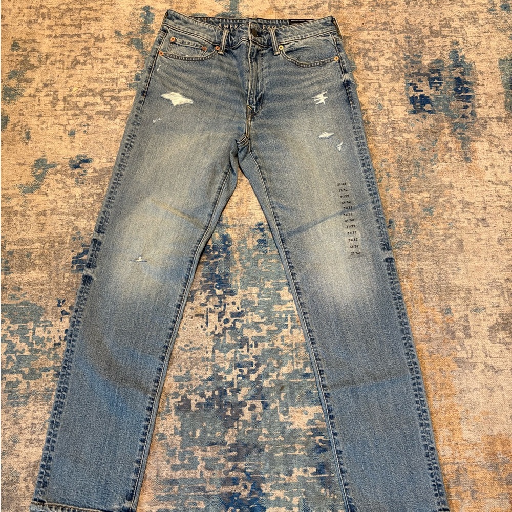 American Eagle Men's Tinted Blue Ripped Slim Straight Jeans